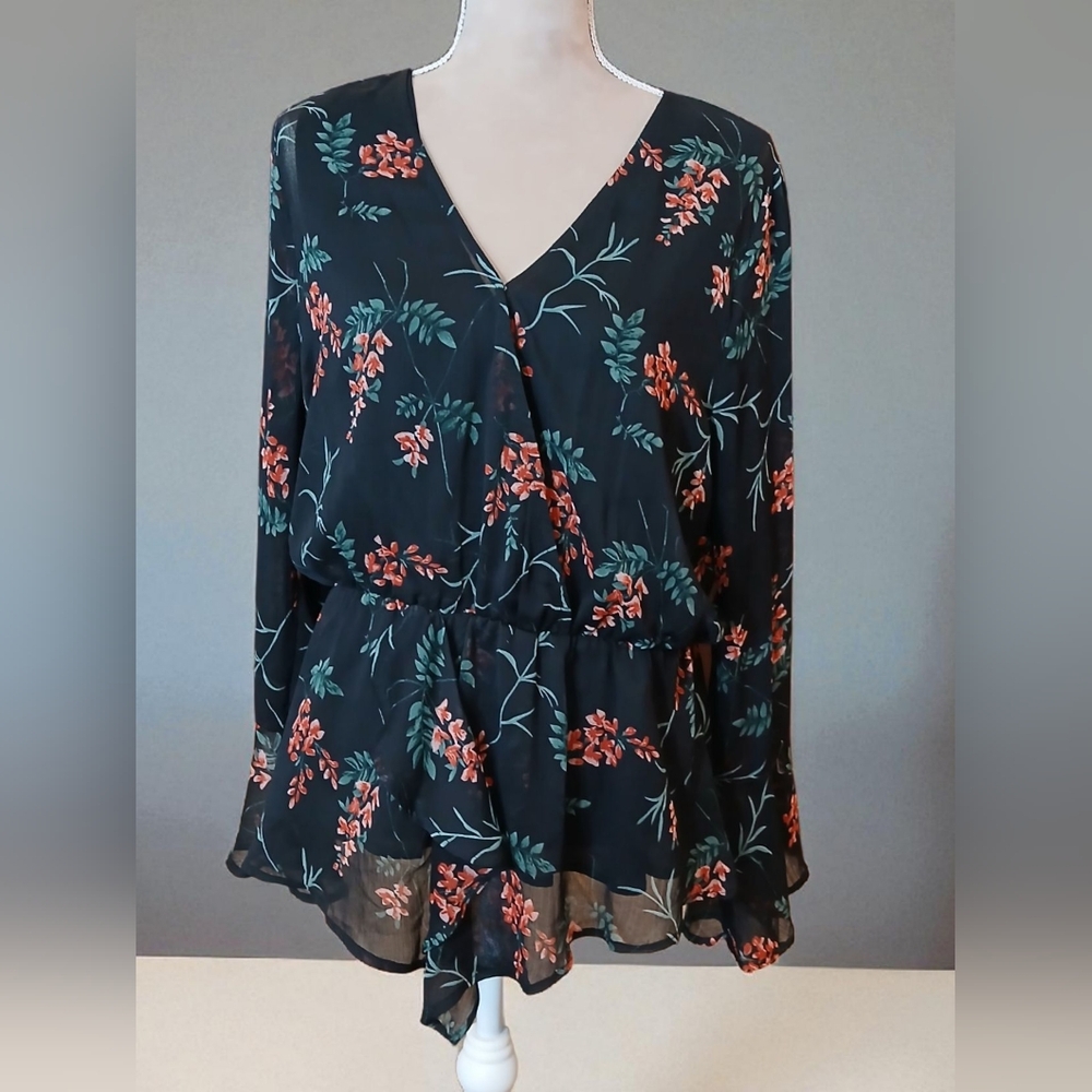 Mittoshop Black Red Floral Sheer Dark Blouse Size Large Woman Flutter Fairy Goth